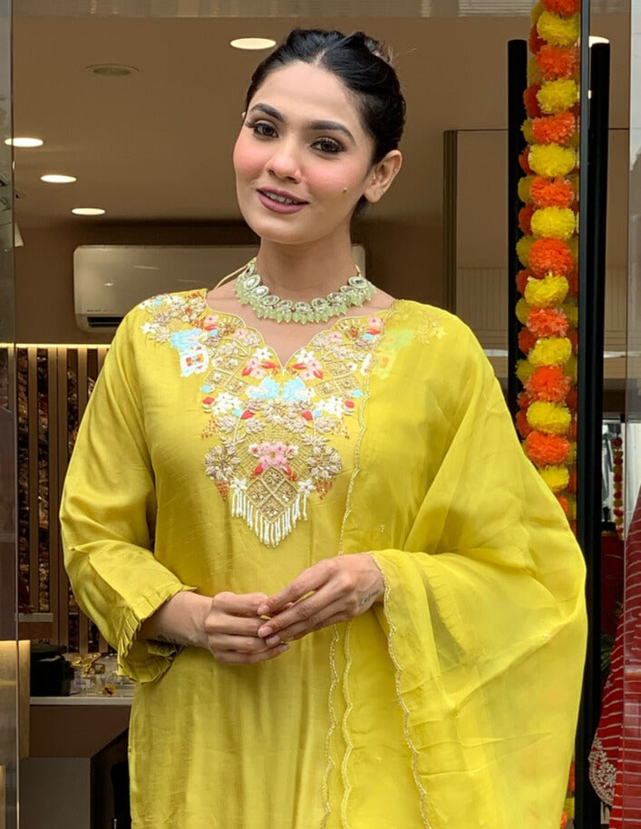 Chanderi Silk Embroidered Kurta with Pant and Organza Dupatta Sets