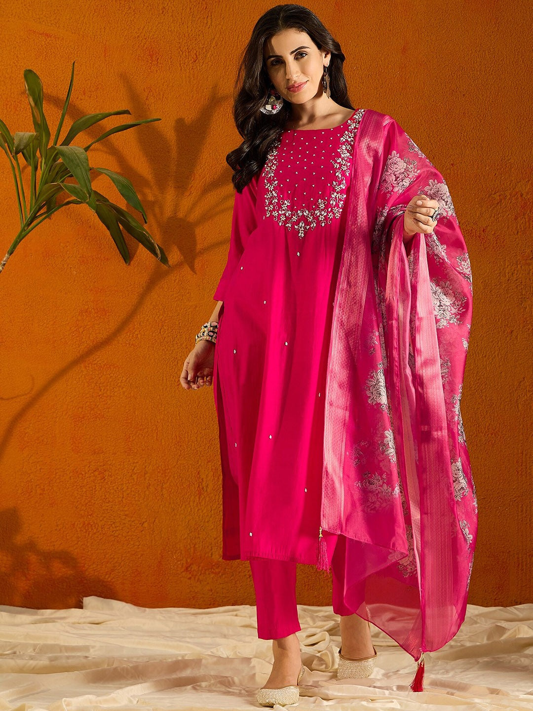 Women's Viscose Chanderi Embroidered Straight Kurta with Viscose Chanderi Pant & Jacquard butti Printed Dupatta Set