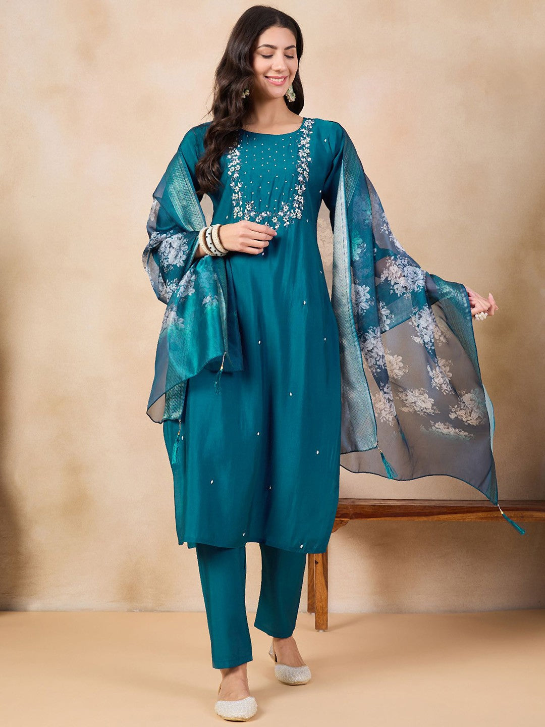 Women's Viscose Chanderi Embroidered Straight Kurta with Viscose Chanderi Pant & Jacquard butti Printed Dupatta Set