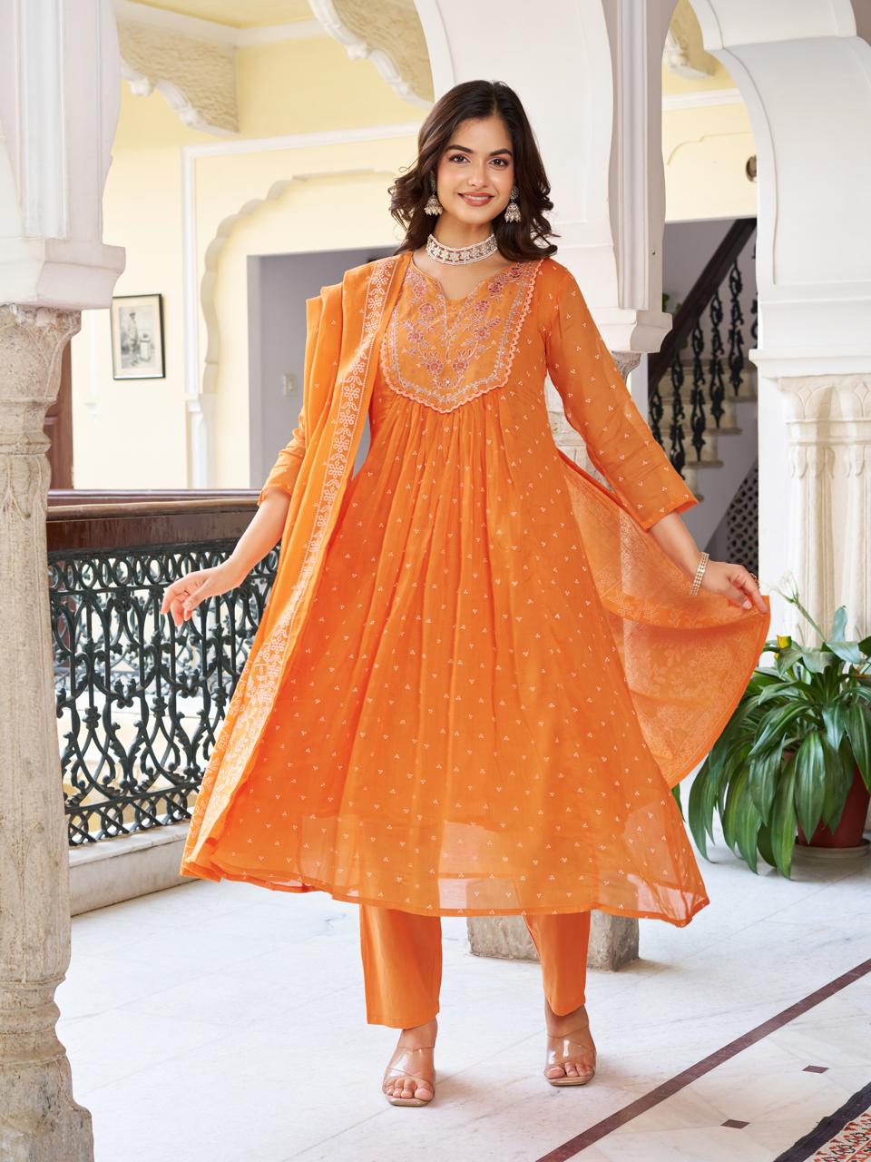 Women Orange Printed cotton Embroidered Kurta With Pant & Dupatta