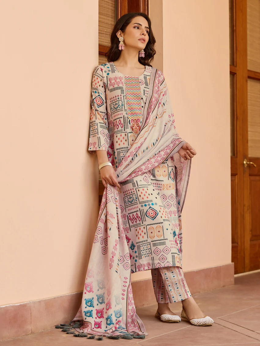 Chanderi Cotton Kurta with Pant and Lilen Print Dupatta Sets