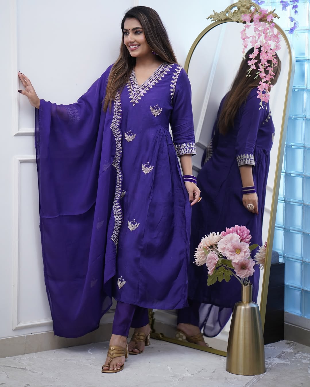 Women's Purple Embroidered Anarkali Kurta Set with Dupatta