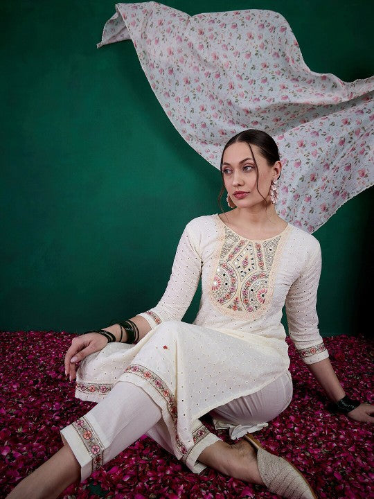 Women's Embroidered Straight Kurta with Viscose Chanderi Pant & Kota Chex Printed Dupatta Set