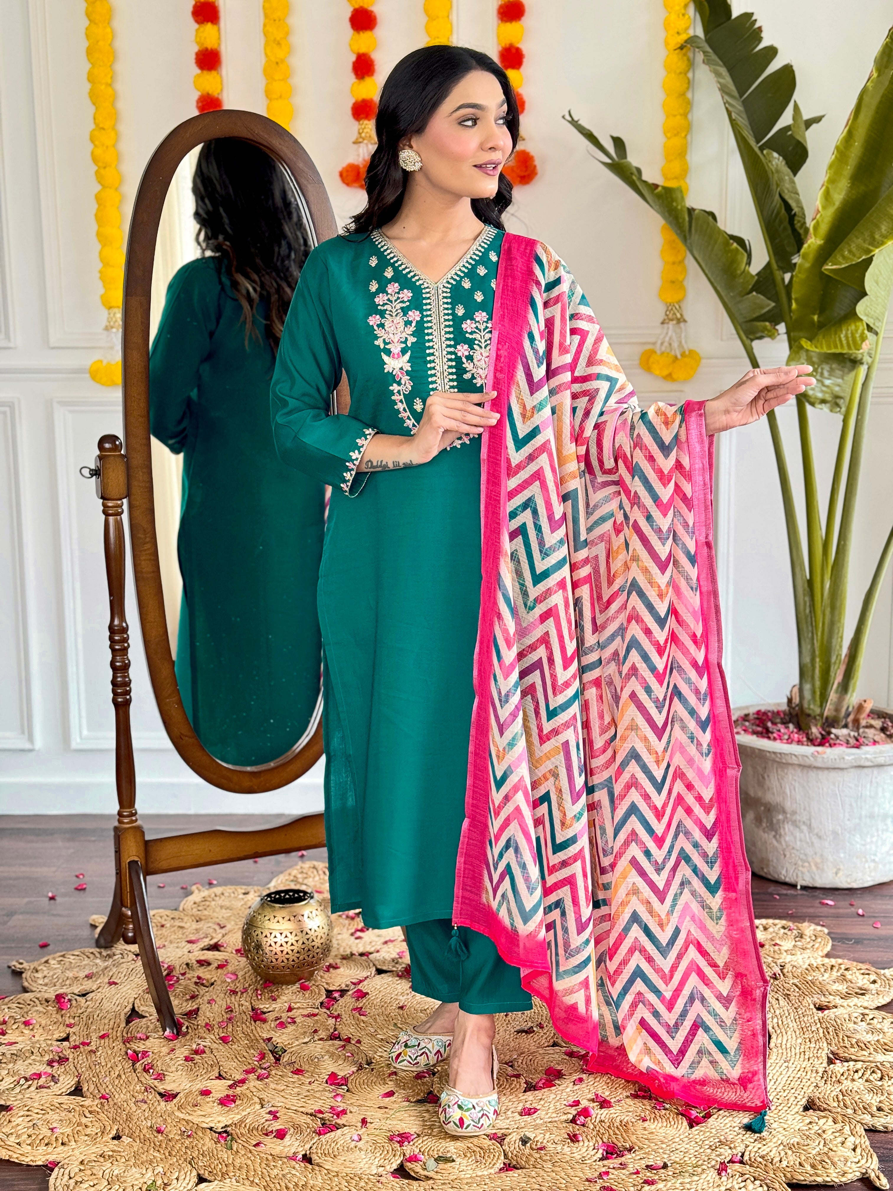 Women's White Viscose Chanderi Embroidered Straight Kurta with Viscose Chanderi Pant & pure linen Printed Dupatta Set