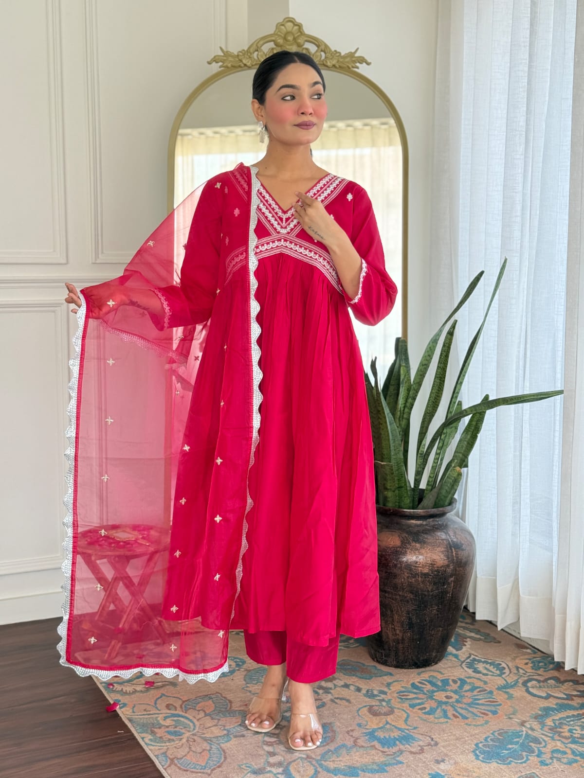 Women's Embroidery Viscose Chanderi Regular Fit 3/4 Sleeve Lightweight Ethnic Wear Kurti Pant and Dupatta Set