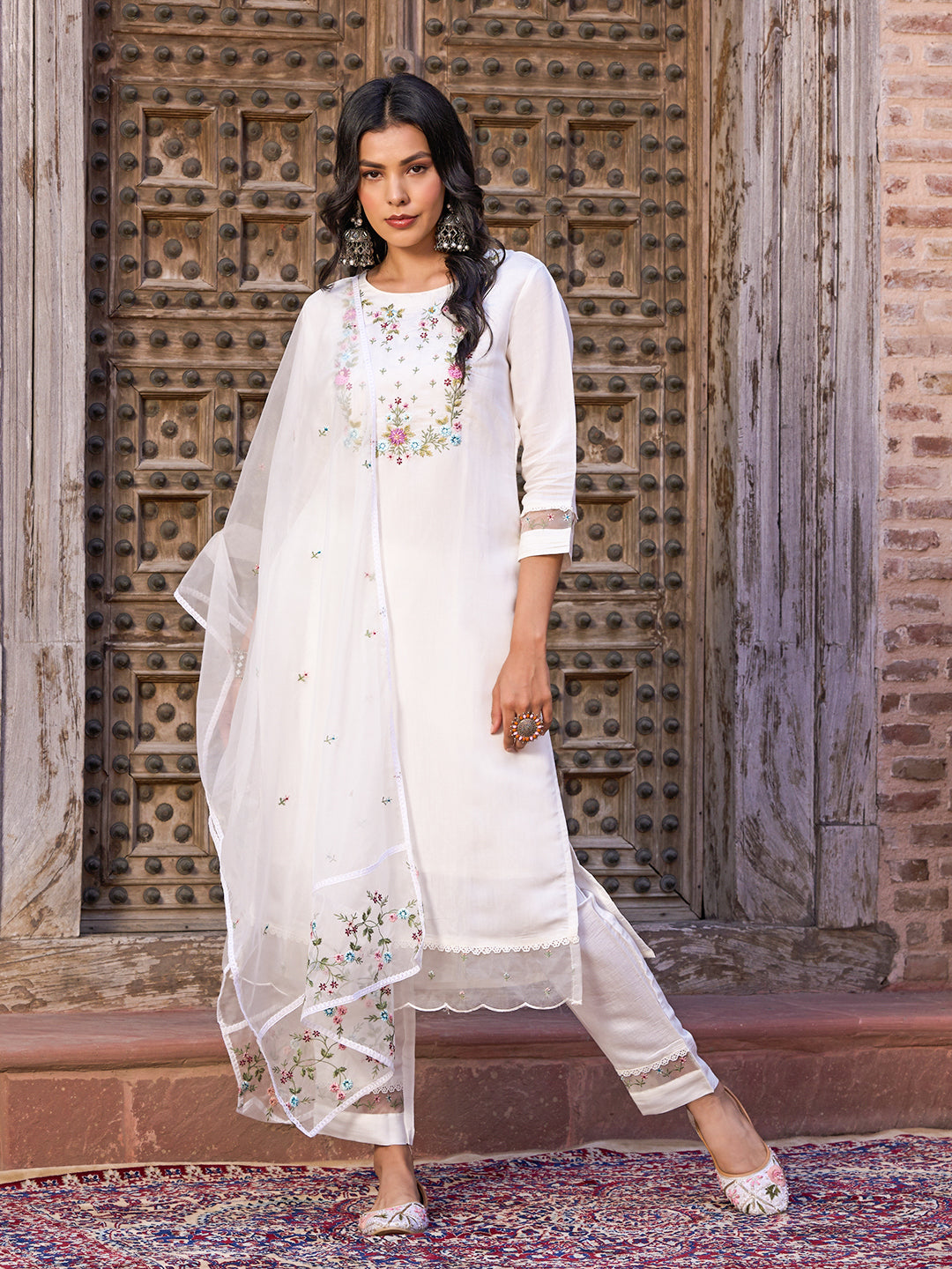 Women's Viscose Chanderi Embroidered Straight Kurta with Viscose Chanderi Pant & Organza Dupatta Set