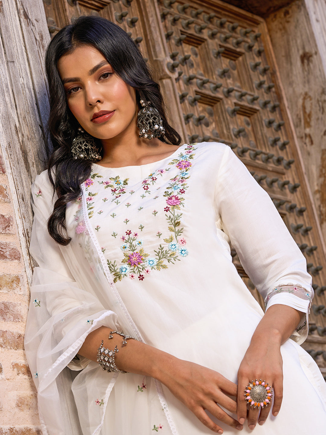 Women's Viscose Chanderi Embroidered Straight Kurta with Viscose Chanderi Pant & Organza Dupatta Set
