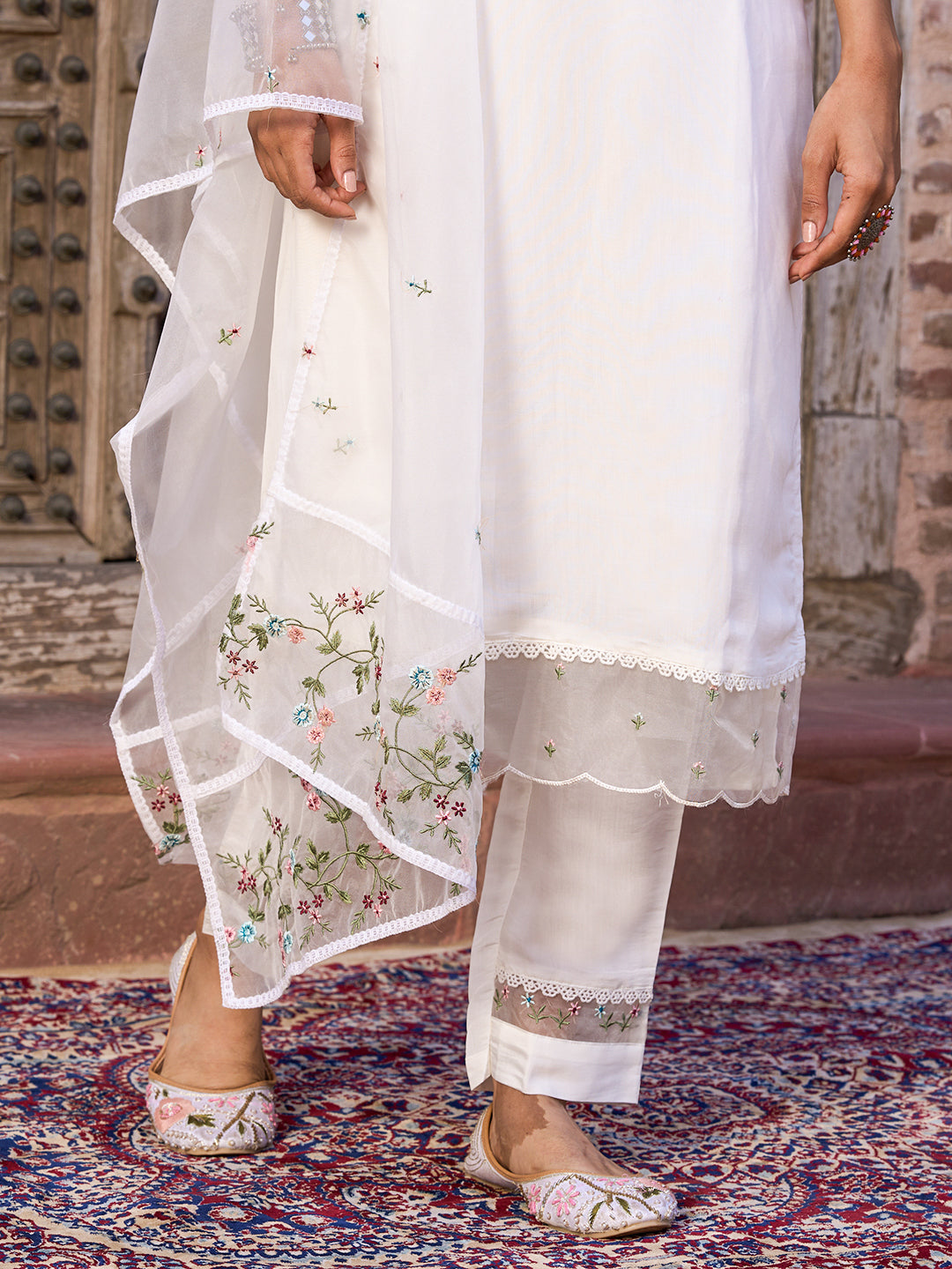 Women's Viscose Chanderi Embroidered Straight Kurta with Viscose Chanderi Pant & Organza Dupatta Set