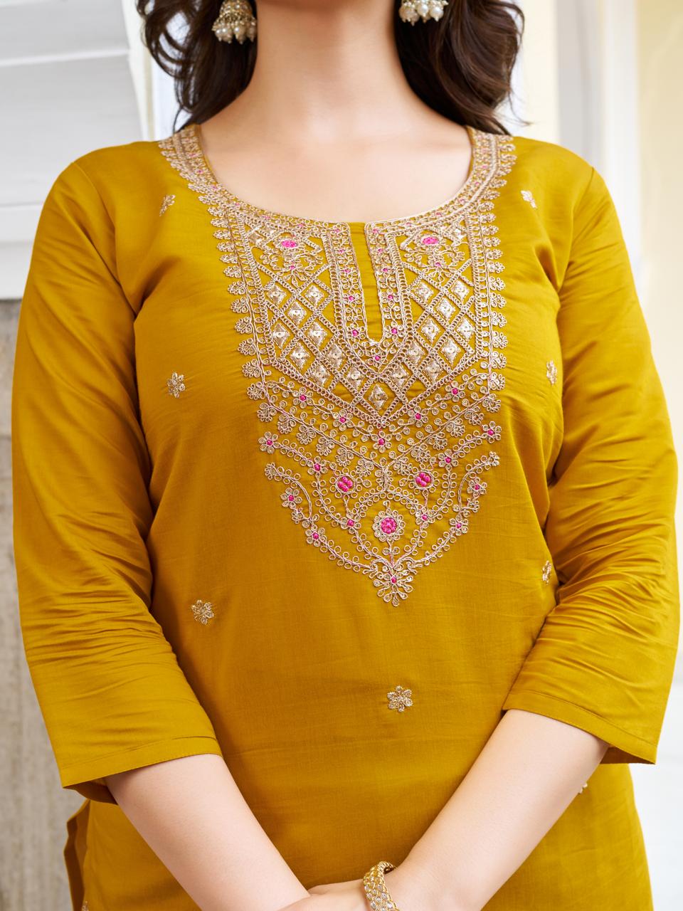 Women Mustard yellow Viscose chanderi  Embroidered Kurta With Pant & Dupatta