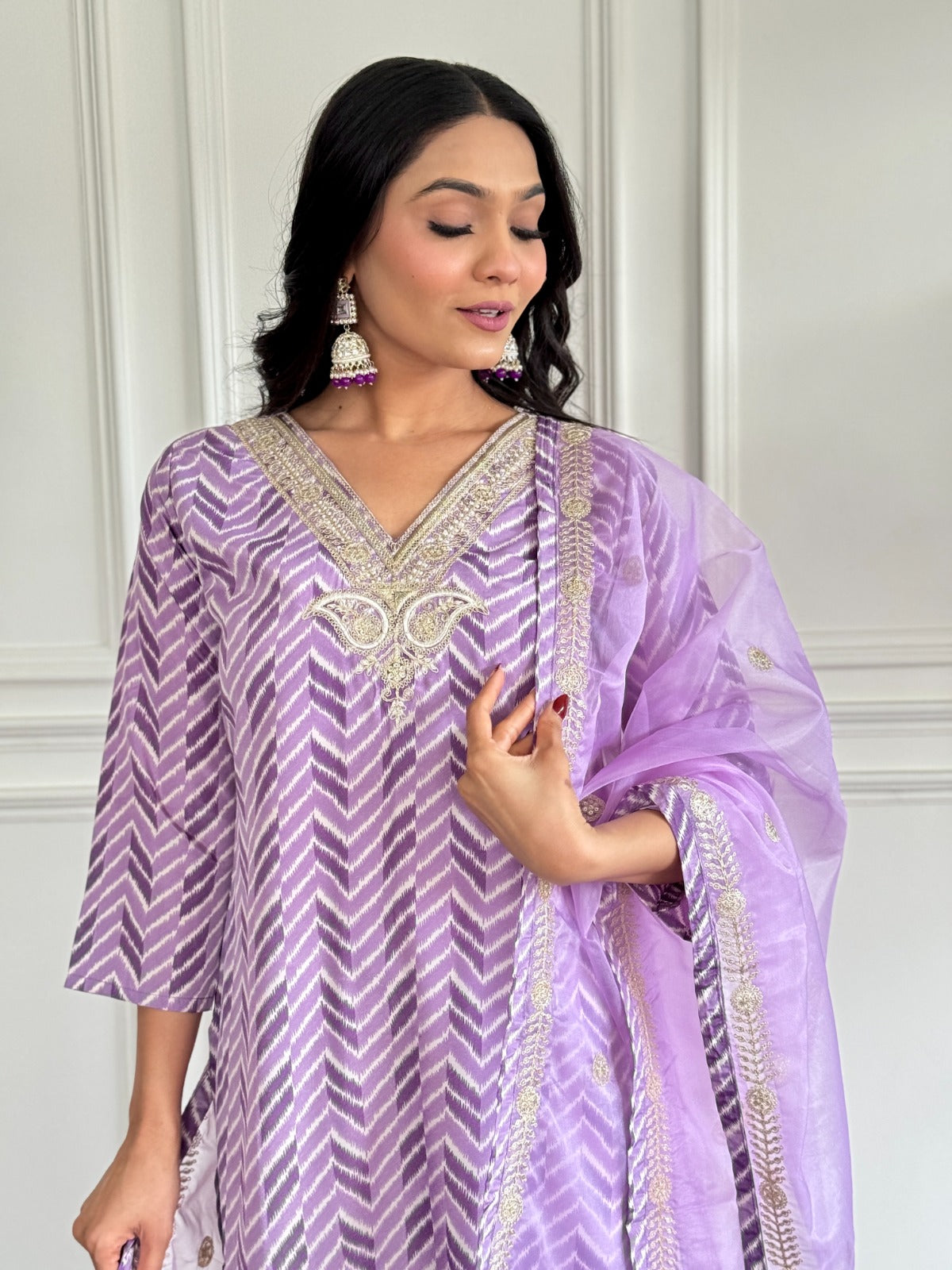 Women's Purple French Crepe Embroidered and Printed Straight Kurta with Chanderi Pant and Pure Organza Embroidered Dupatta Sets