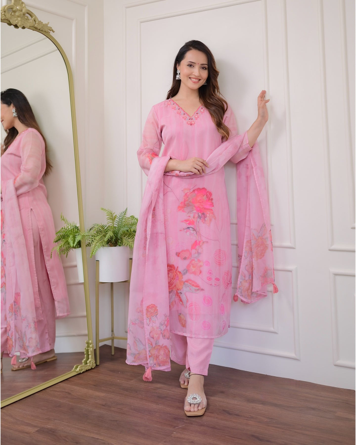 Women's Embroidered Straight Kurta with Viscose Rayon Pant & Organza(TABY) Printed Dupatta Set