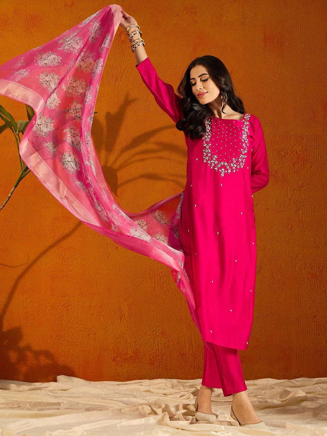 Women's Viscose Chanderi Embroidered Straight Kurta with Viscose Chanderi Pant & Jacquard butti Printed Dupatta Set