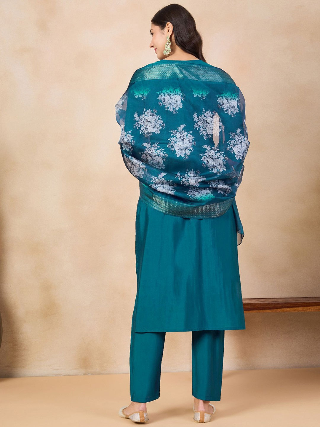 Women's Viscose Chanderi Embroidered Straight Kurta with Viscose Chanderi Pant & Jacquard butti Printed Dupatta Set