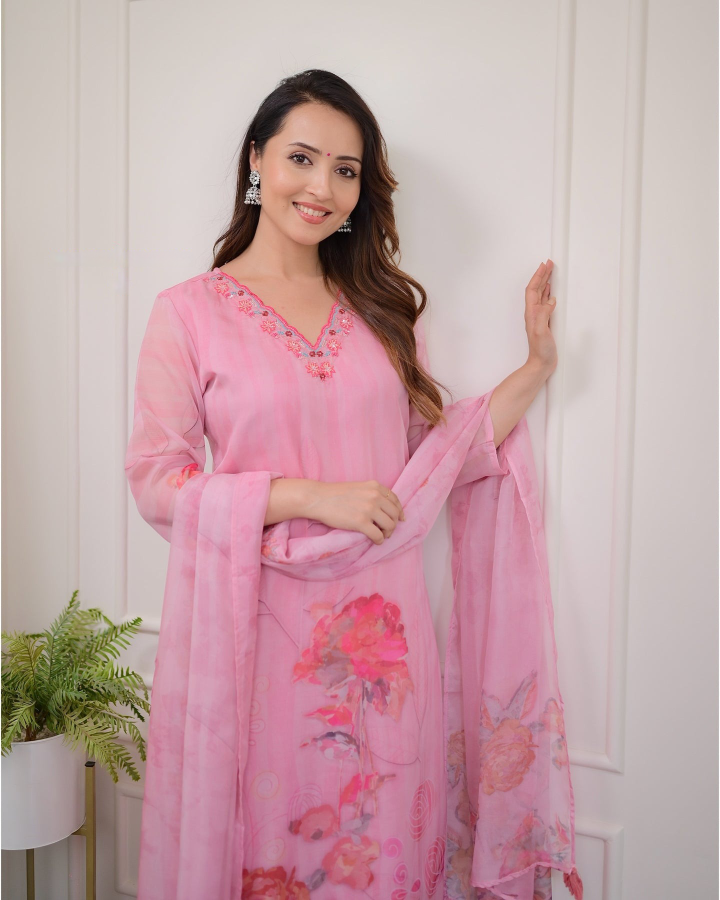 Women's Embroidered Straight Kurta with Viscose Rayon Pant & Organza(TABY) Printed Dupatta Set