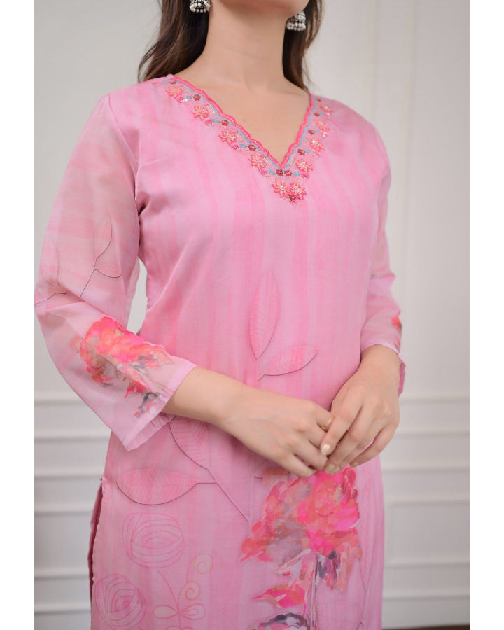 Women's Embroidered Straight Kurta with Viscose Rayon Pant & Organza(TABY) Printed Dupatta Set