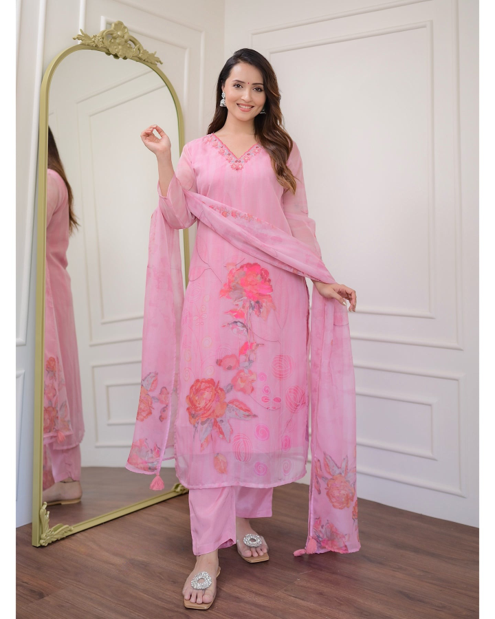Women's Embroidered Straight Kurta with Viscose Rayon Pant & Organza(TABY) Printed Dupatta Set