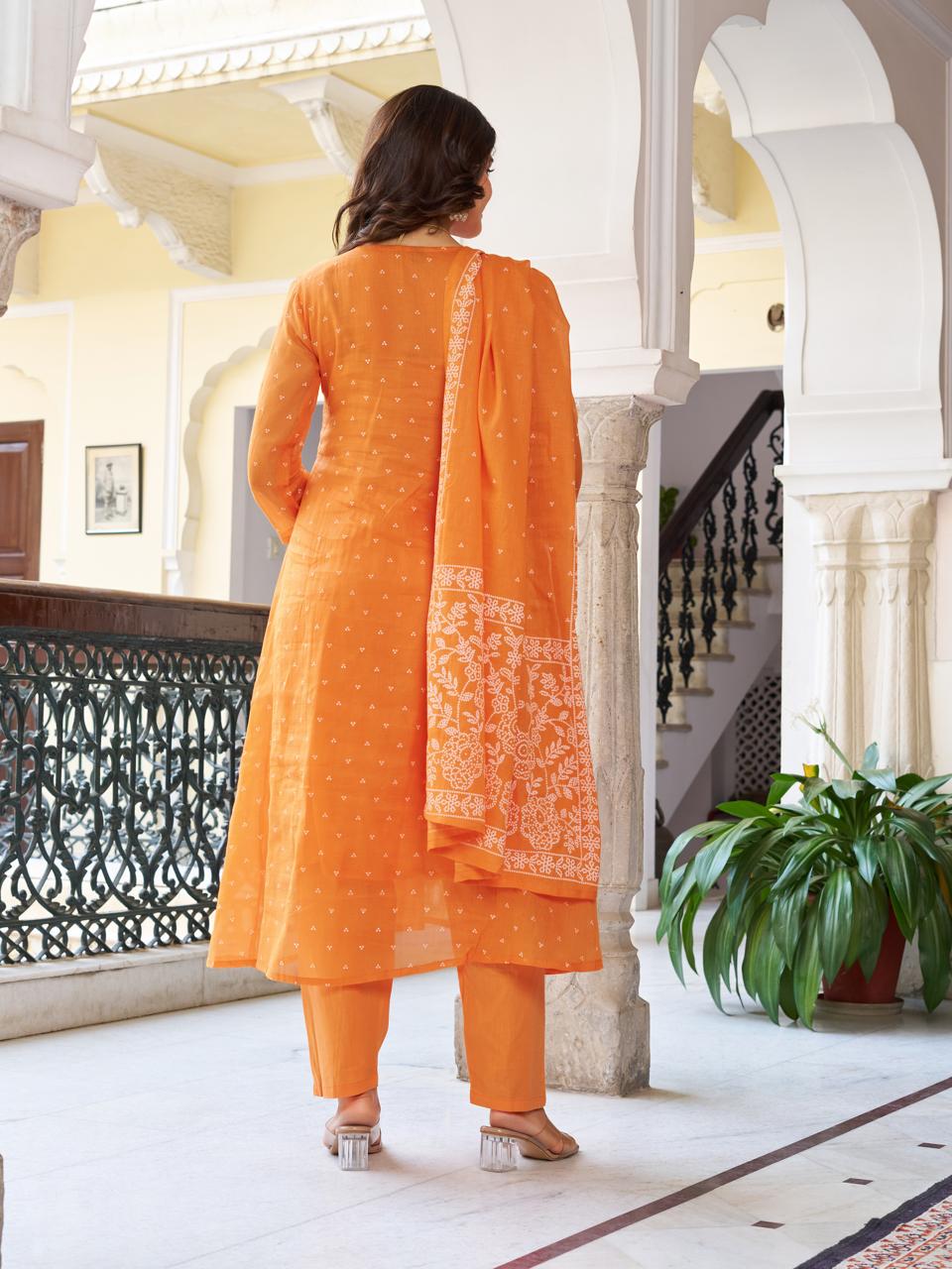 Women Orange Printed cotton Embroidered Kurta With Pant & Dupatta