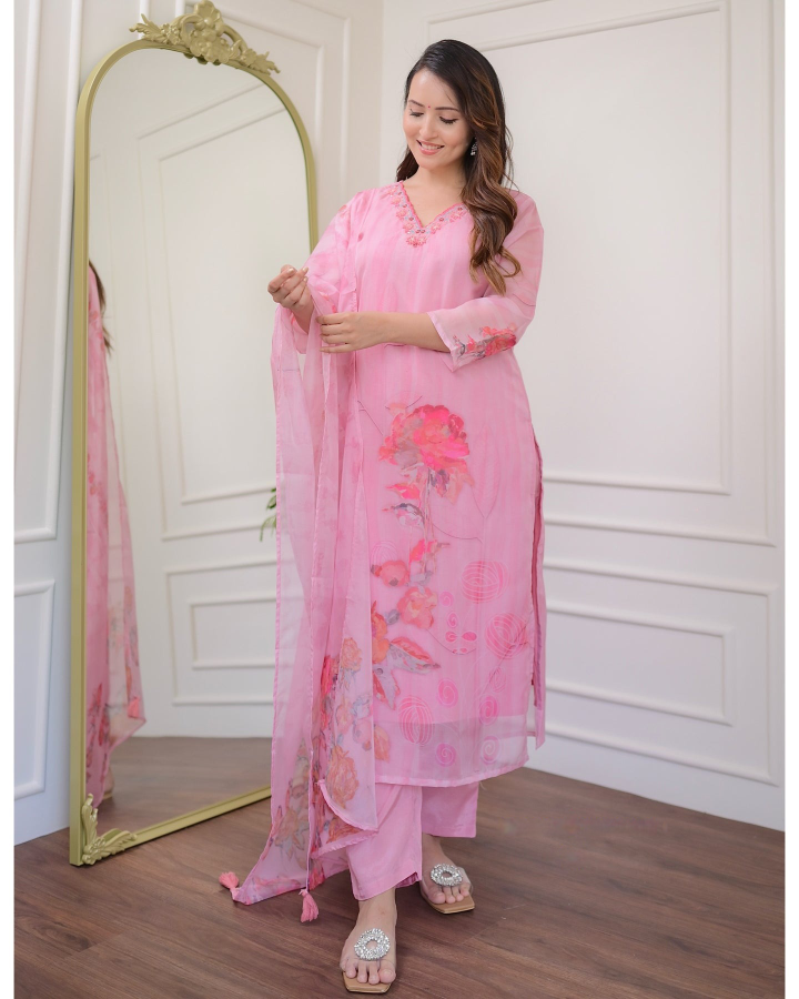 Women's Embroidered Straight Kurta with Viscose Rayon Pant & Organza(TABY) Printed Dupatta Set