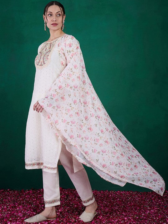 Women's Embroidered Straight Kurta with Viscose Chanderi Pant & Kota Chex Printed Dupatta Set