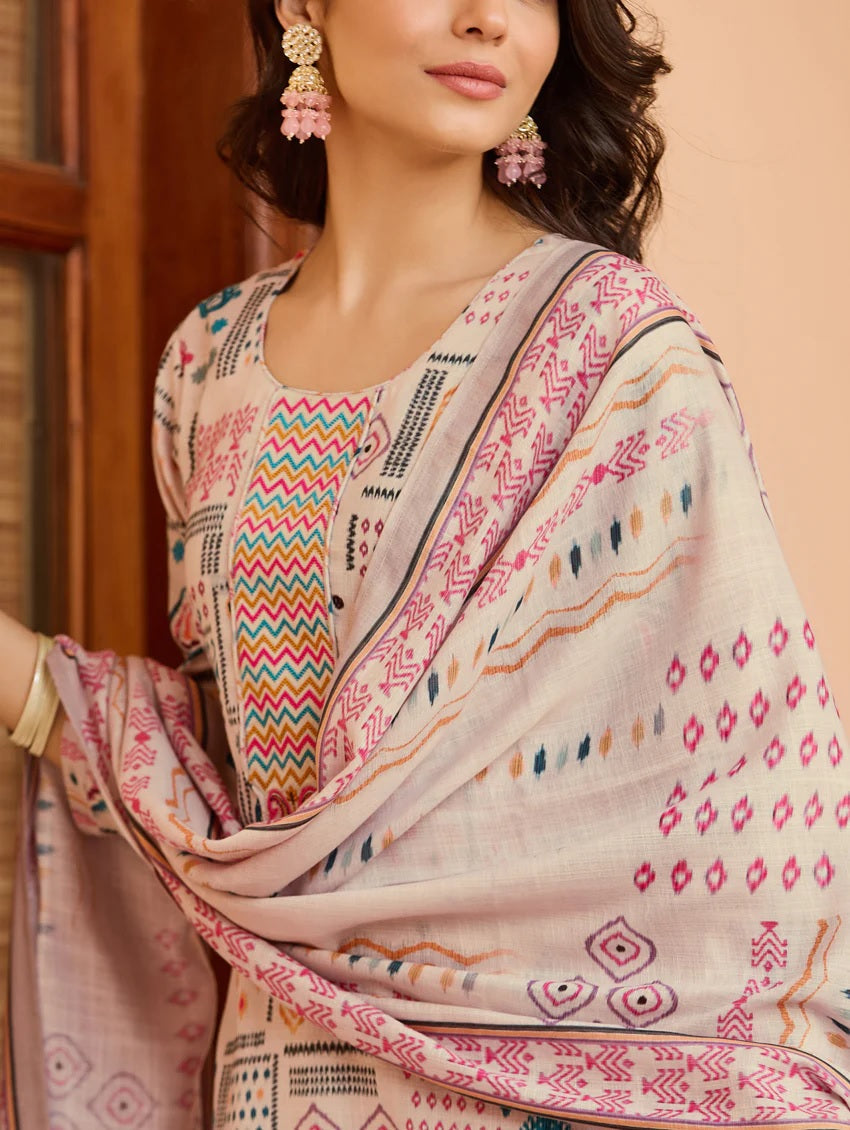 Chanderi Cotton Kurta with Pant and Lilen Print Dupatta Sets
