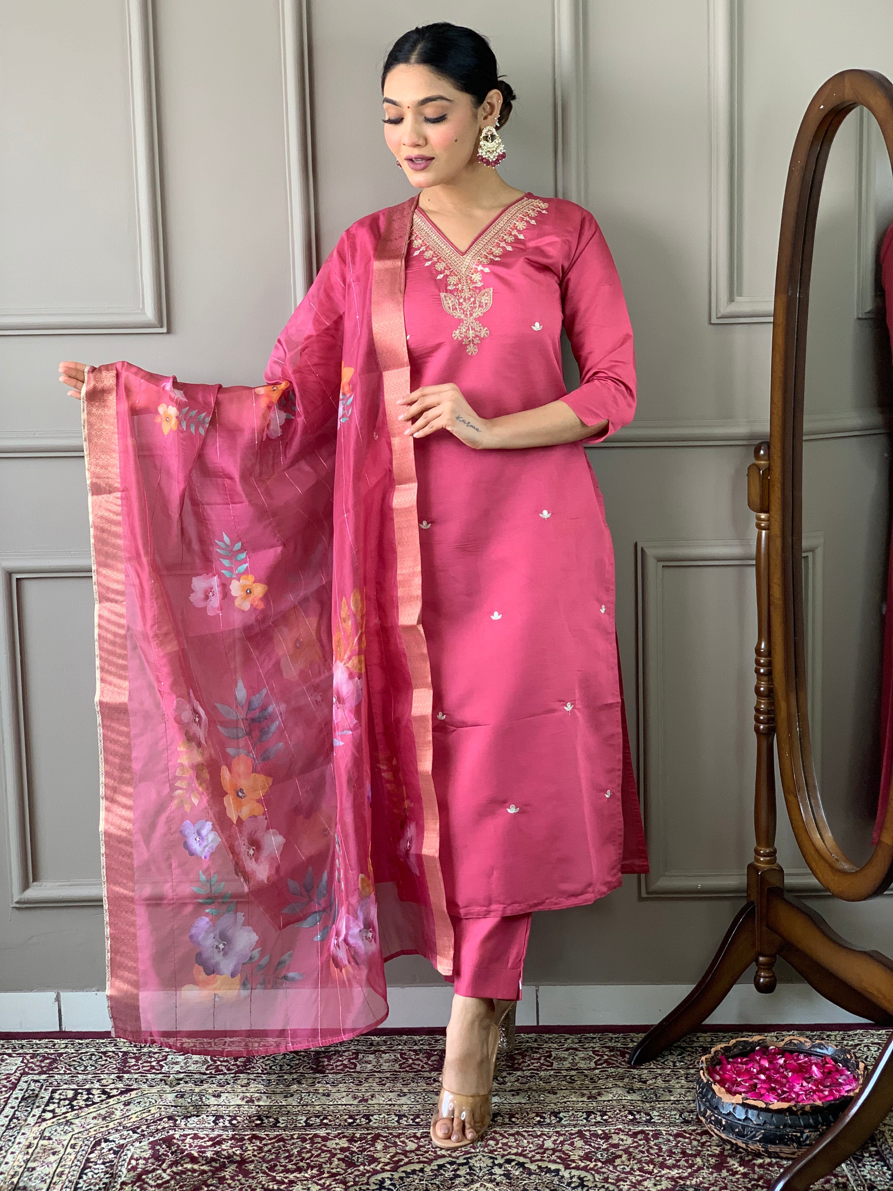 Women's Viscose Chanderi Embroidered Straight Kurta with Viscose Chanderi Pant & Nylon taby jaquaed Printed Dupatta Set