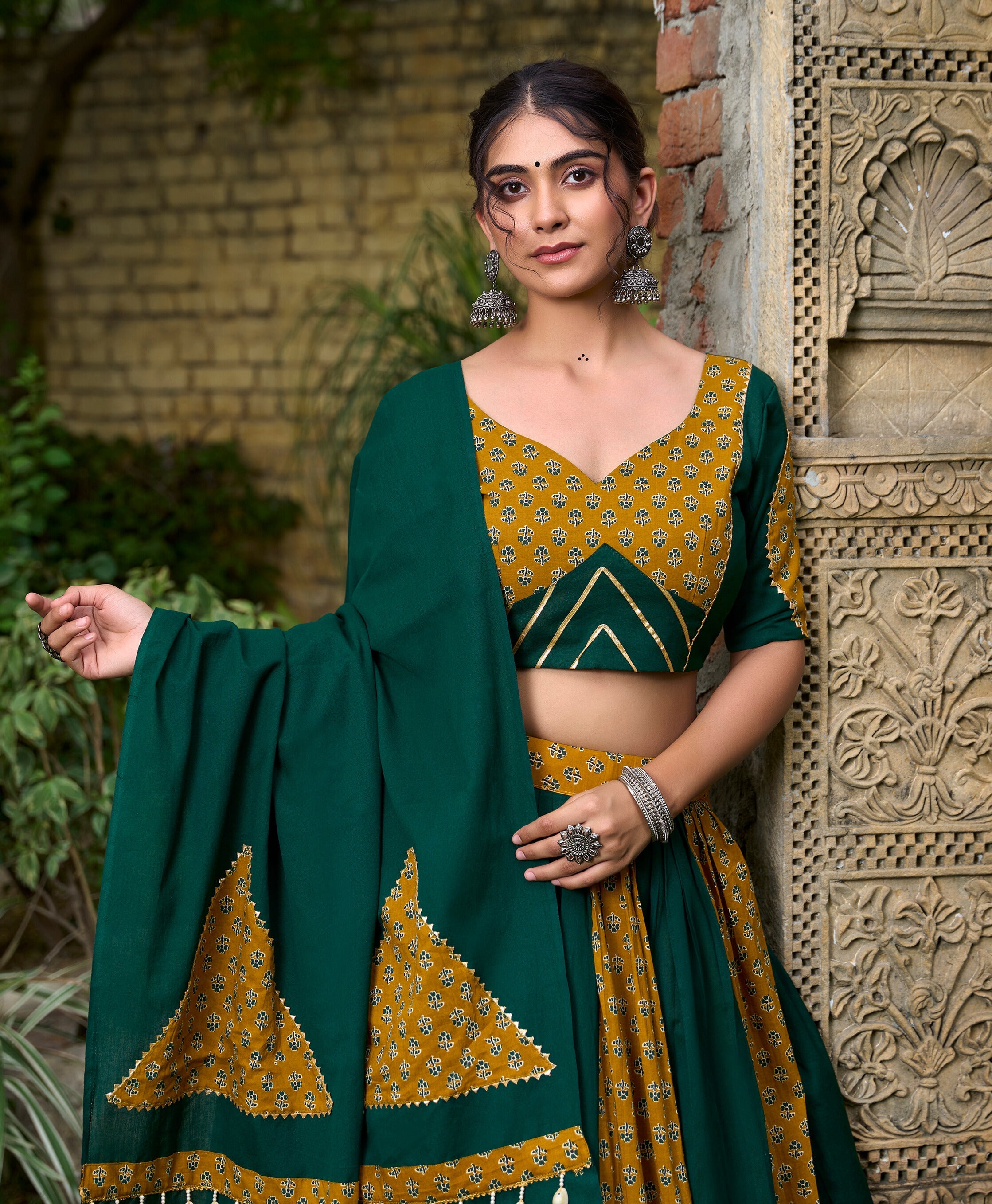 NAVRATRI SPECIAL COTTON FABRICS LEHENGA CHOLI |  Pure Cotton Mustard Green Cotton Lehenga Choli