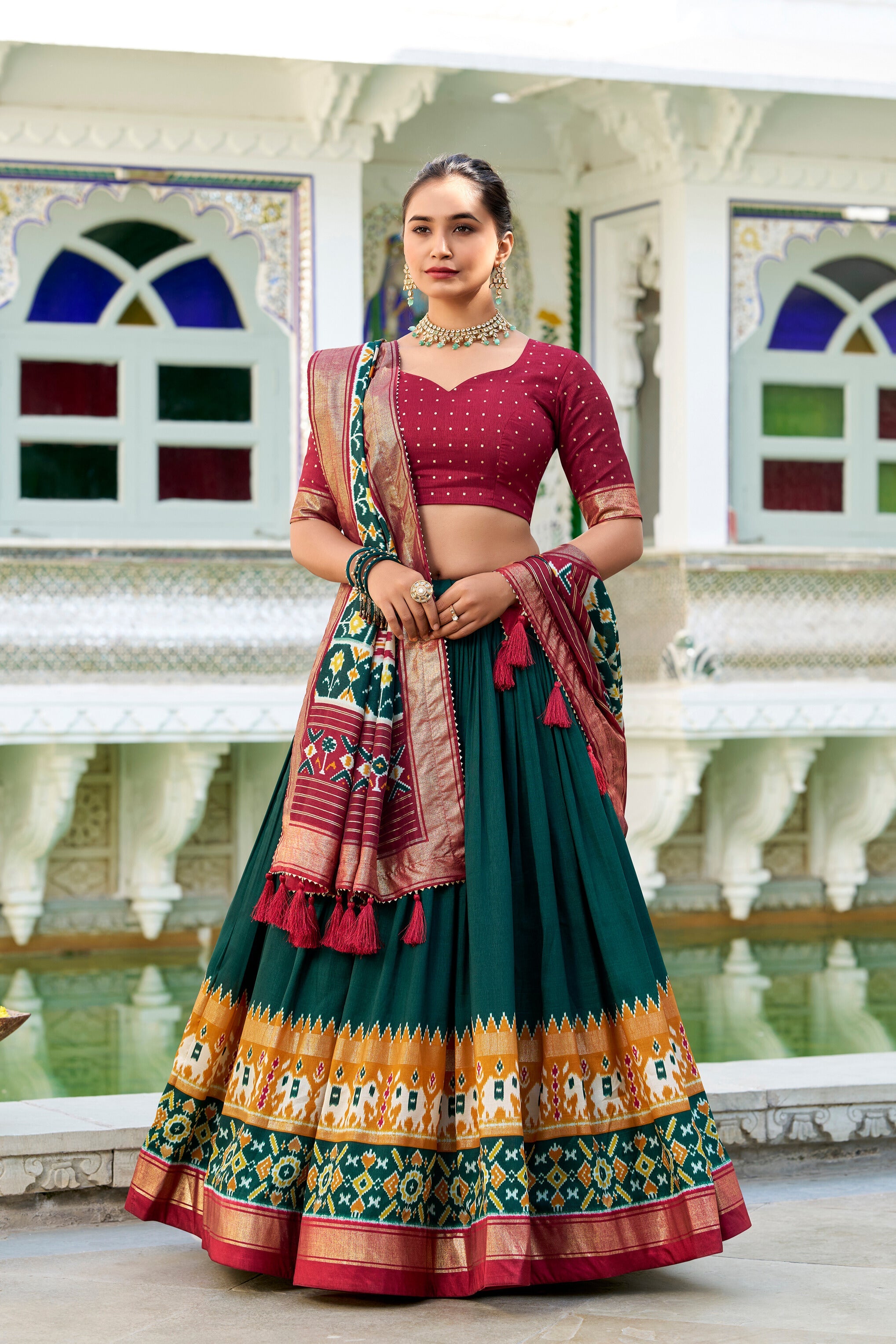 Green Lehenga Choli in Tussar Silk With Patola Print and Tussar Silk Dupatta