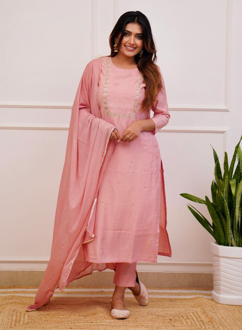Women's Rayon slub Embroidered Straight Kurta with Rayon slub Pant & Chinnon Dupatta Set