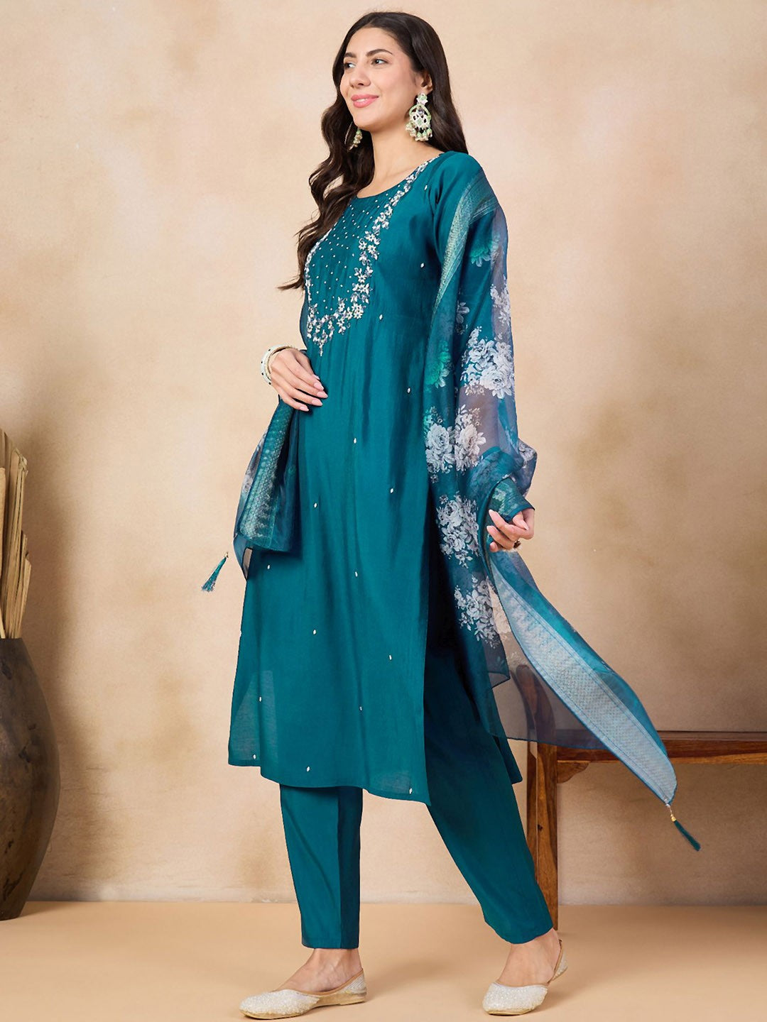 Women's Viscose Chanderi Embroidered Straight Kurta with Viscose Chanderi Pant & Jacquard butti Printed Dupatta Set