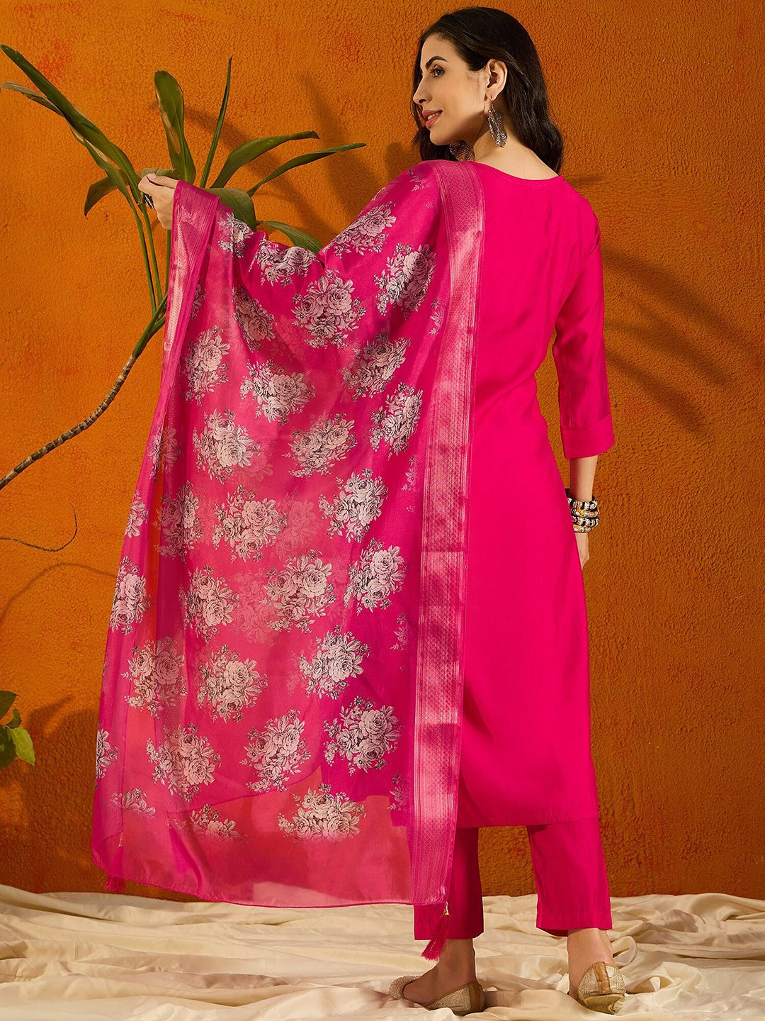 Women's Viscose Chanderi Embroidered Straight Kurta with Viscose Chanderi Pant & Jacquard butti Printed Dupatta Set