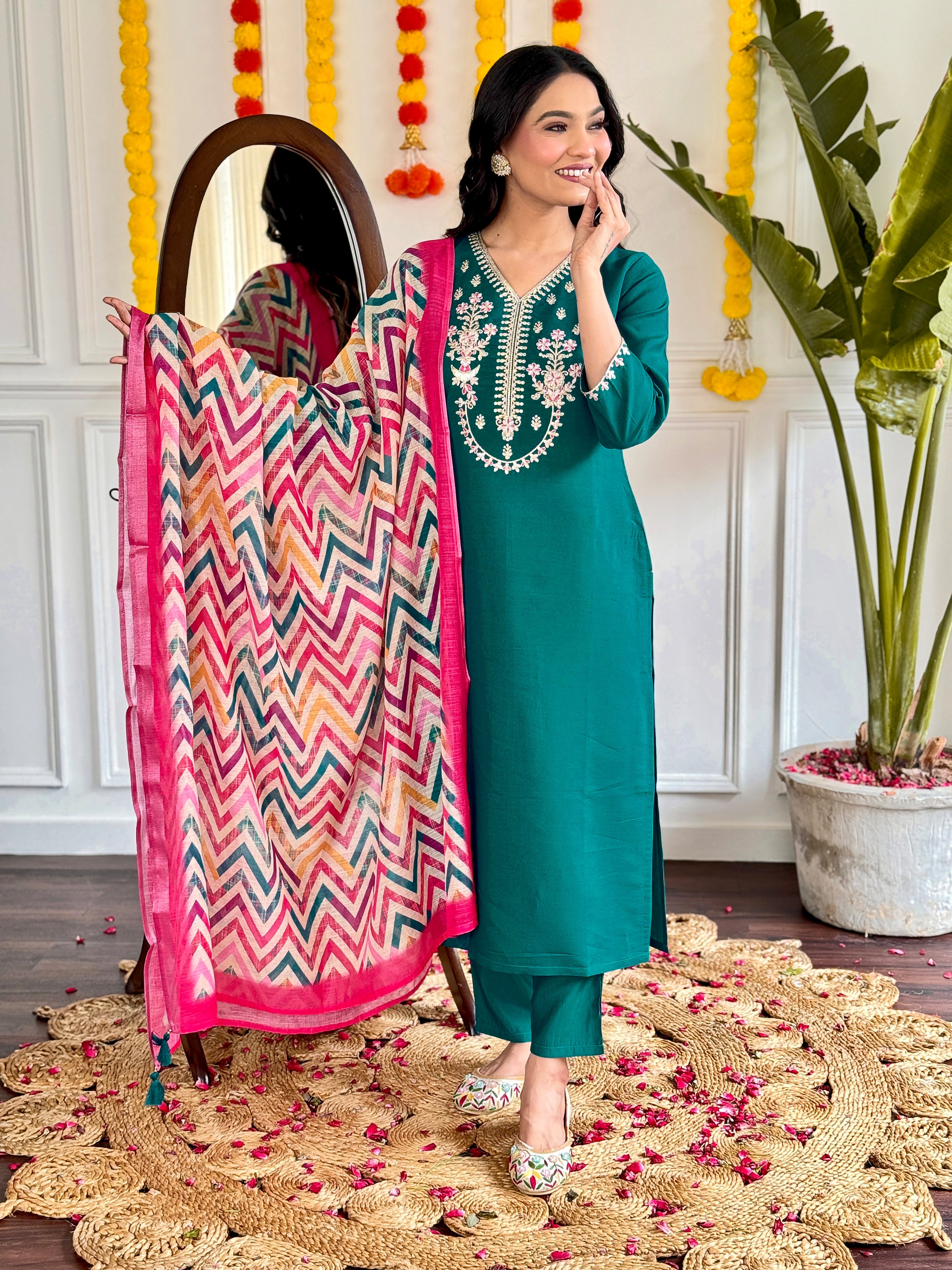 Women's White Viscose Chanderi Embroidered Straight Kurta with Viscose Chanderi Pant & pure linen Printed Dupatta Set