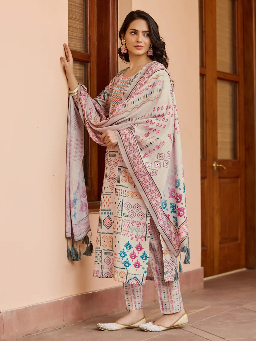 Chanderi Cotton Kurta with Pant and Lilen Print Dupatta Sets