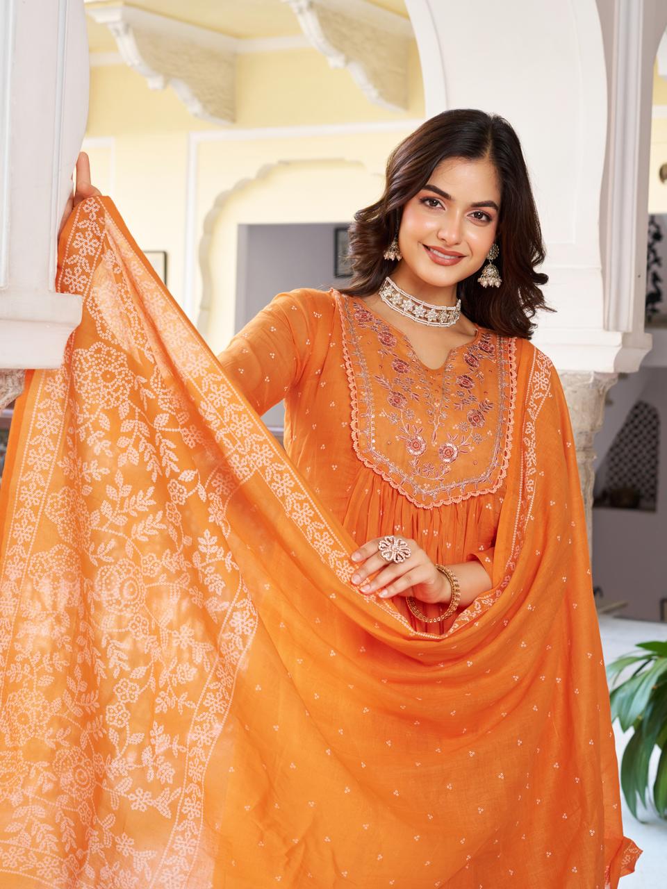 Women Orange Printed cotton Embroidered Kurta With Pant & Dupatta