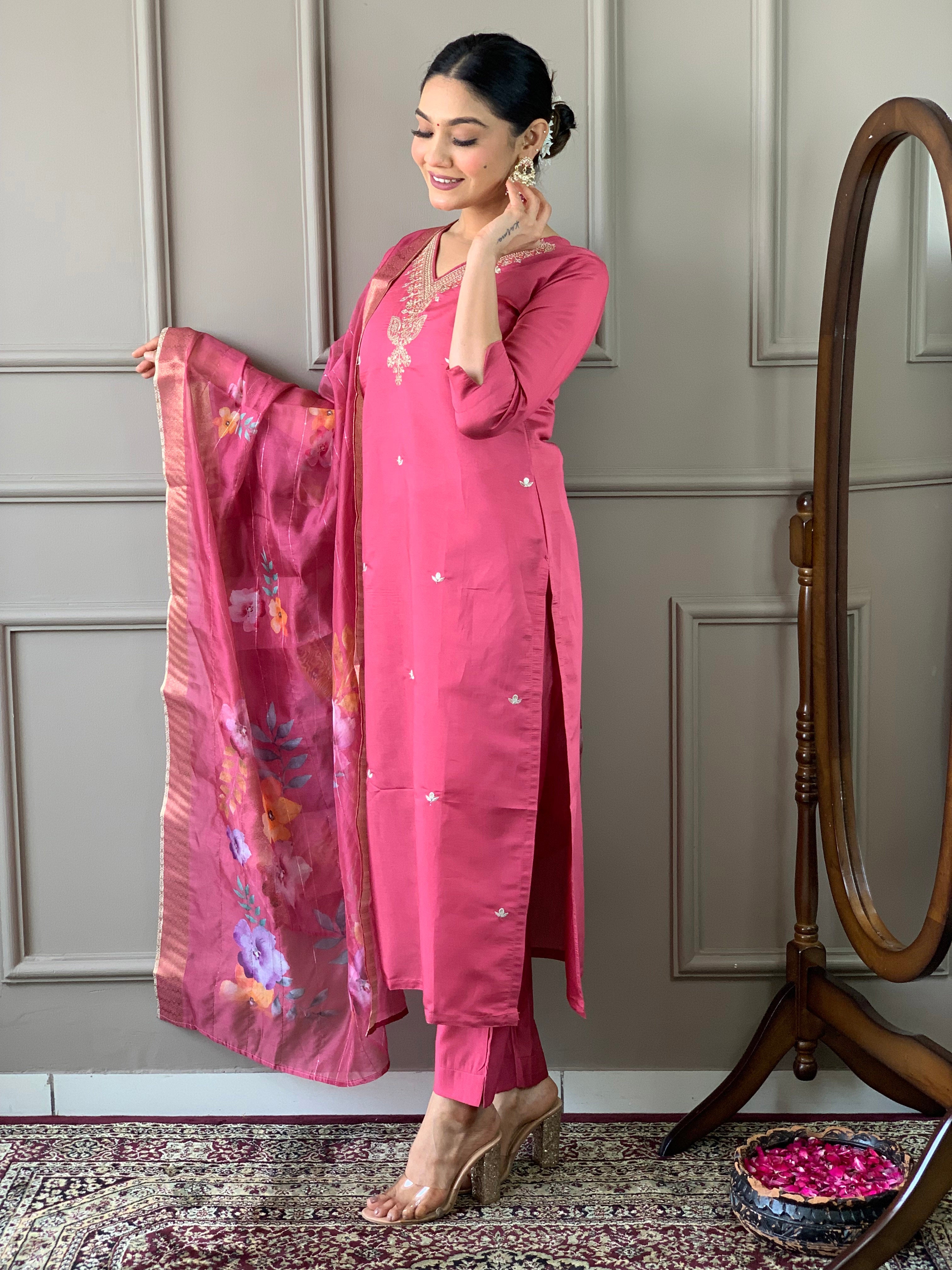 Women's Viscose Chanderi Embroidered Straight Kurta with Viscose Chanderi Pant & Nylon taby jaquaed Printed Dupatta Set