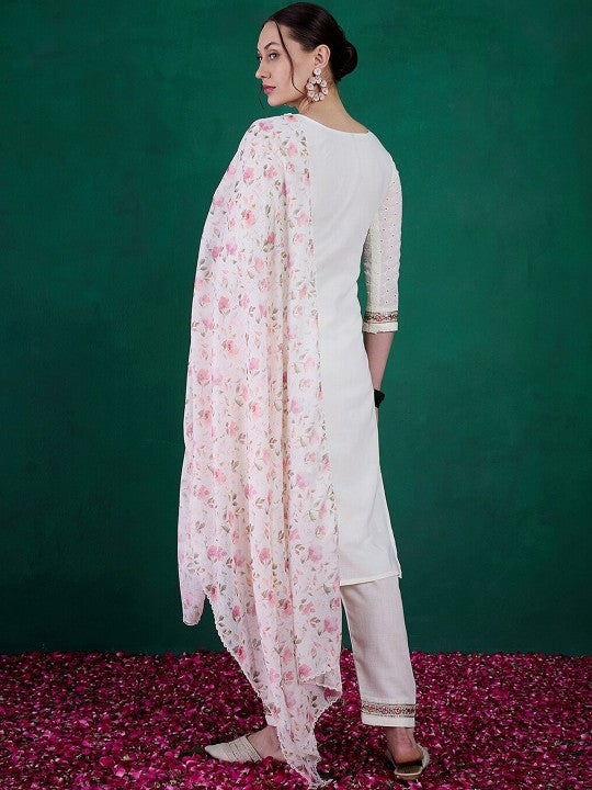 Women's Embroidered Straight Kurta with Viscose Chanderi Pant & Kota Chex Printed Dupatta Set