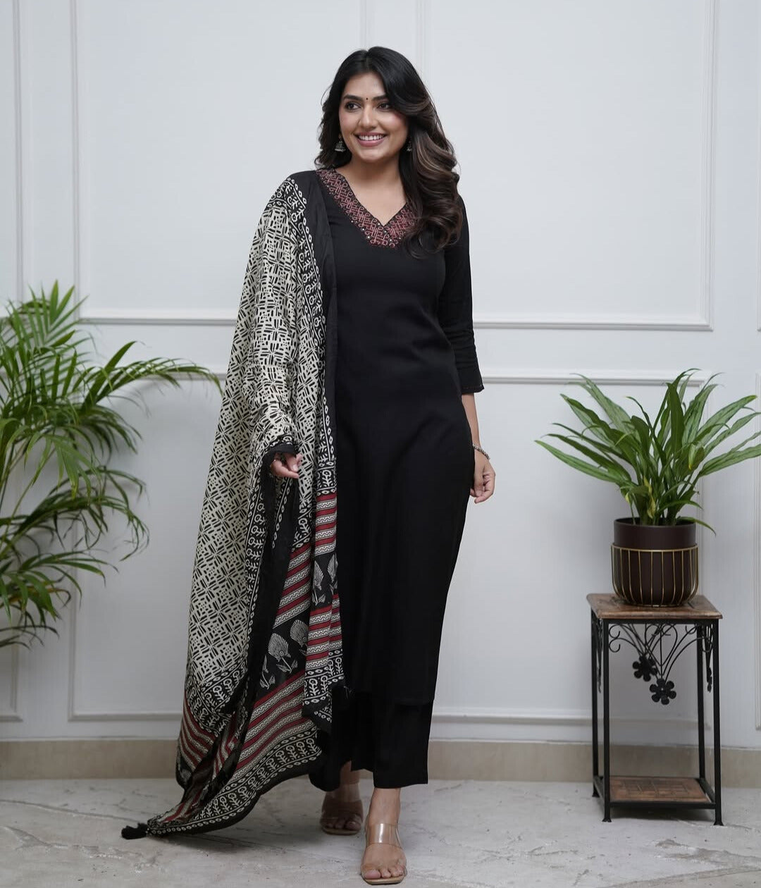 Black Embroidered Kurta Set for Women | Parmpara Viscose Straight Kurti with Plazo Pants & Chanderi Digital Print Dupatta