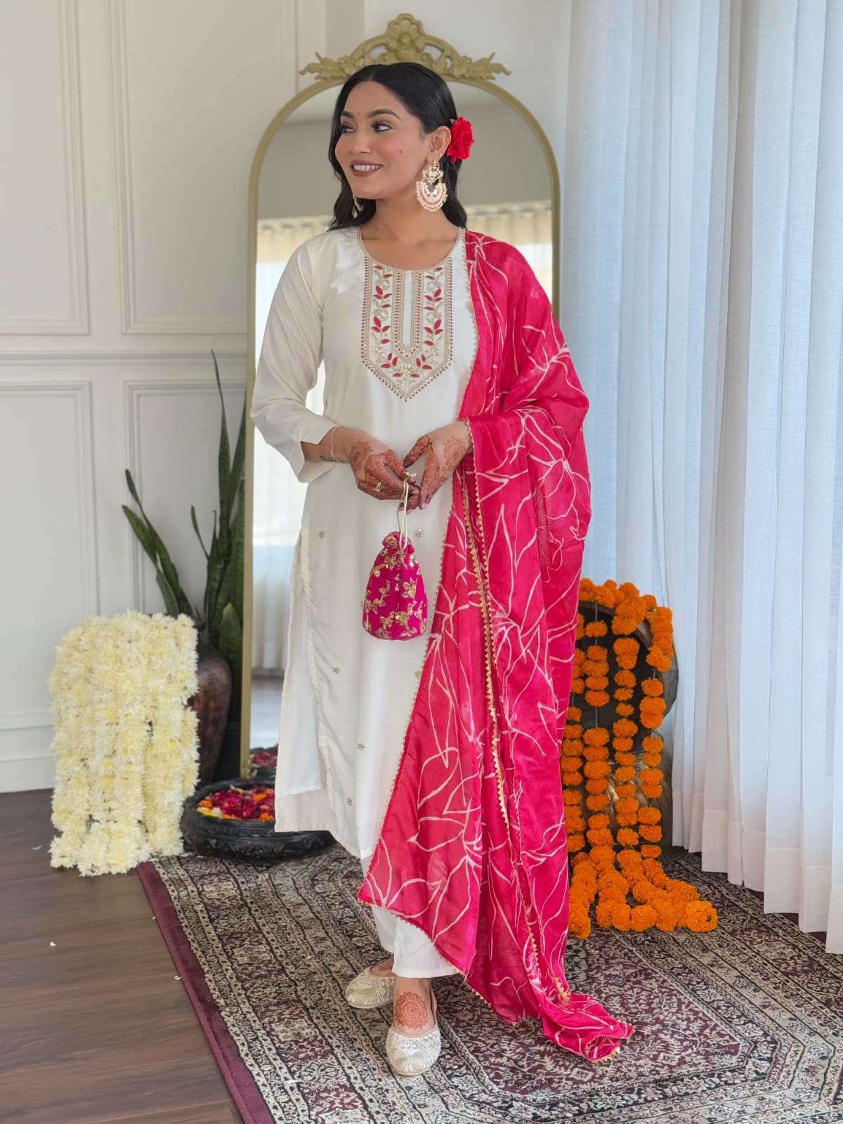 Women's Off White Rayon Slub Embroidered Straight Kurta with Rayon Slub Pant and Chinon Printed Dupatta Sets