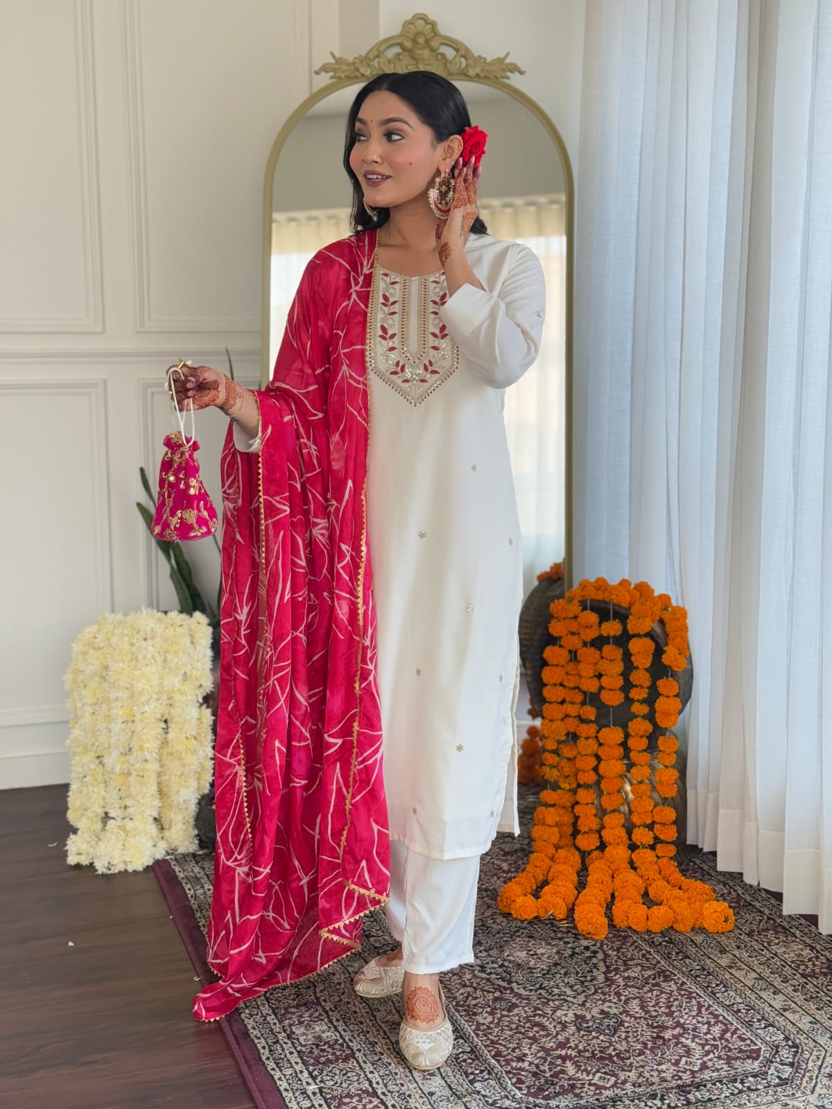 Women's Off White Rayon Slub Embroidered Straight Kurta with Rayon Slub Pant and Chinon Printed Dupatta Sets