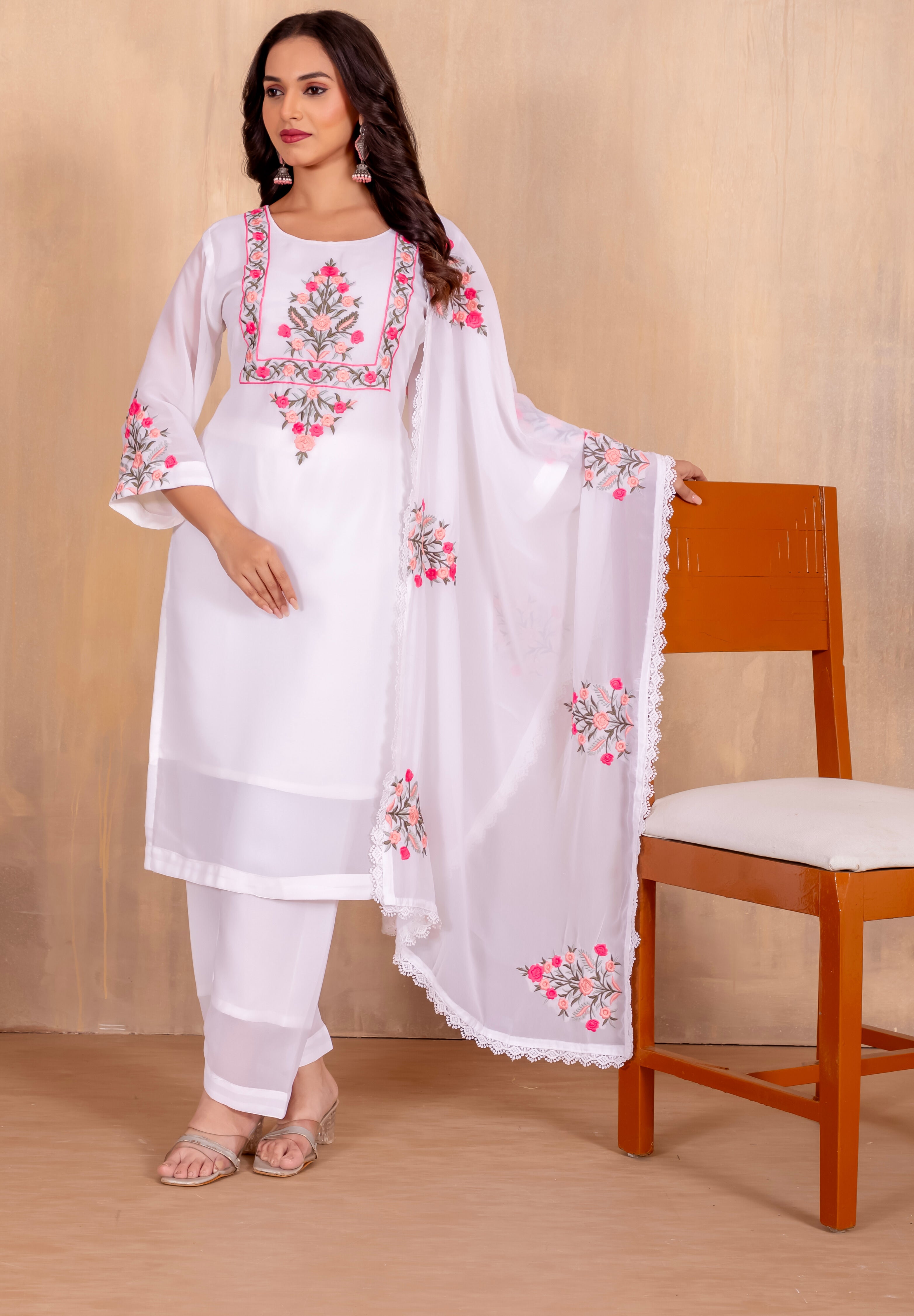 Women Heavy Faux Georgette Embroidered Kurta With Pant & Dupatta |Heavy Faux Georgette Salwar Suit | Embroidered Suit Set | A-line Salwar Kameez -Work Suit Sets