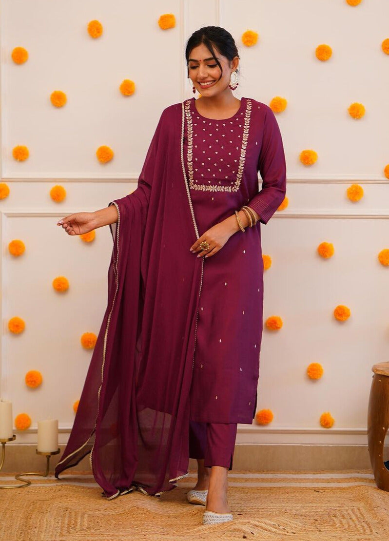 Women's Rayon slub Embroidered Straight Kurta with Rayon slub Pant & Chinnon Dupatta Set