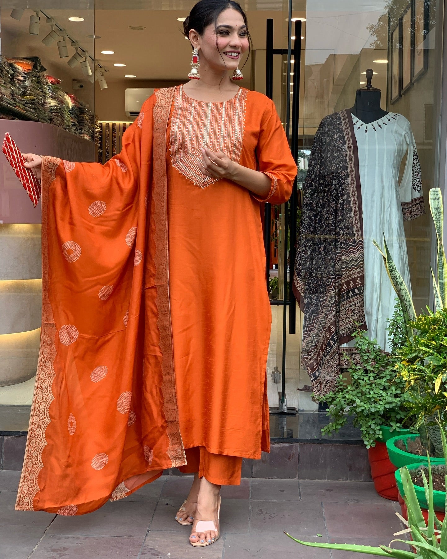 Chanderi Silk Round Neck, Straight Fit, and Embroidery Work Women’s Kurta Set