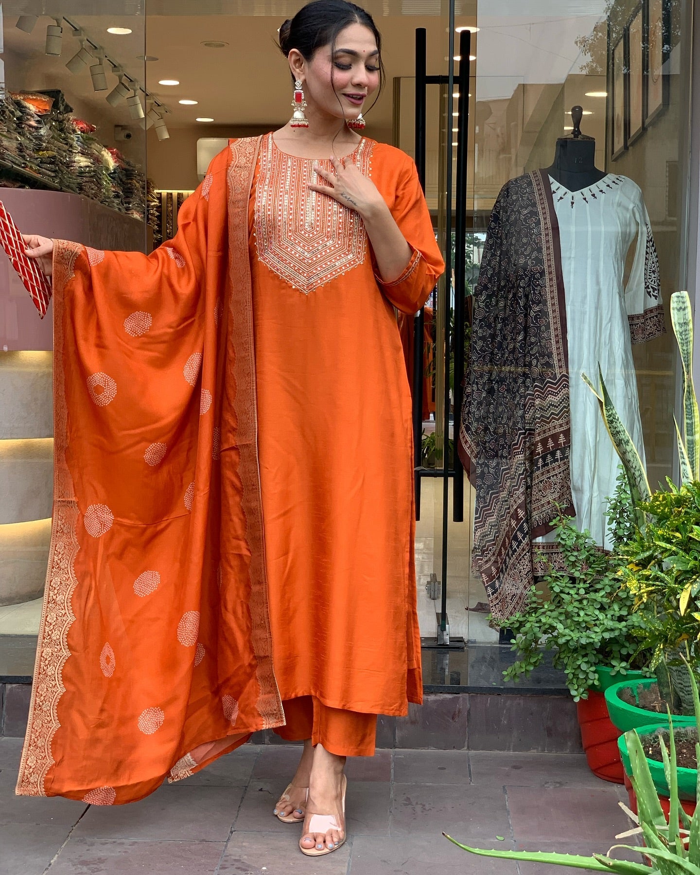 Chanderi Silk Round Neck, Straight Fit, and Embroidery Work Women’s Kurta Set