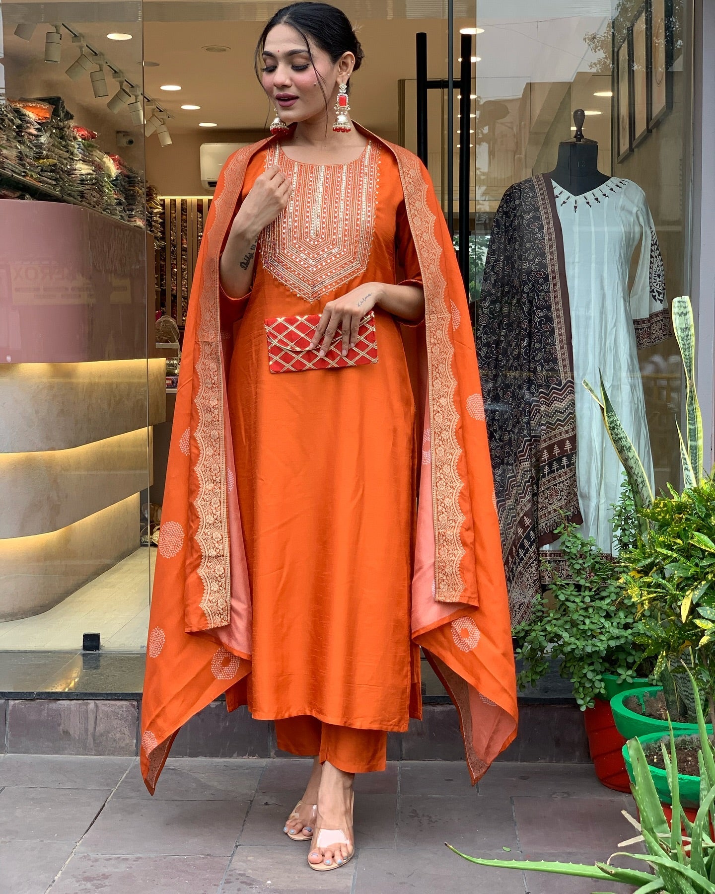 Chanderi Silk Round Neck, Straight Fit, and Embroidery Work Women’s Kurta Set