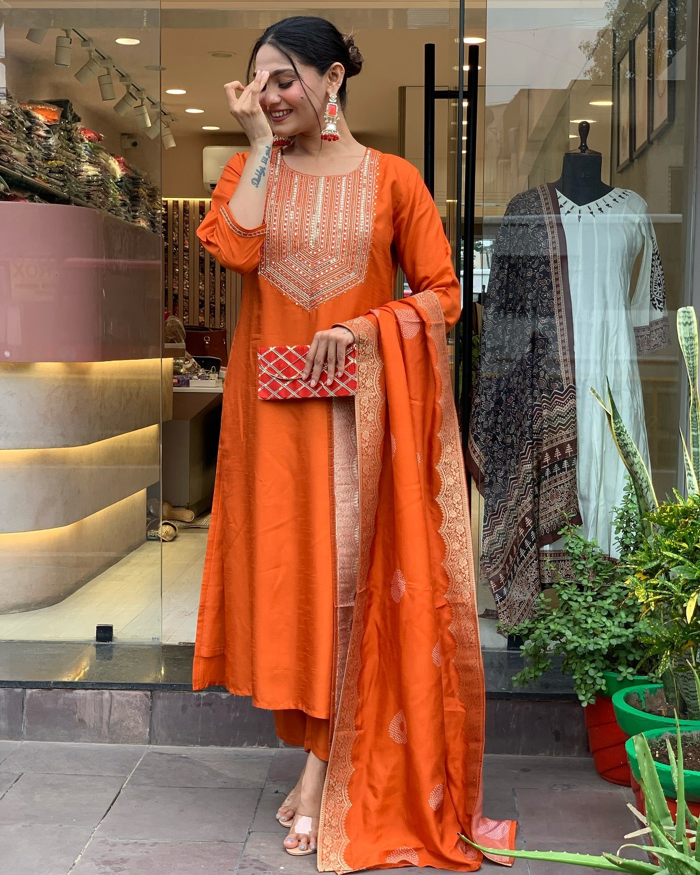 Chanderi Silk Round Neck, Straight Fit, and Embroidery Work Women’s Kurta Set