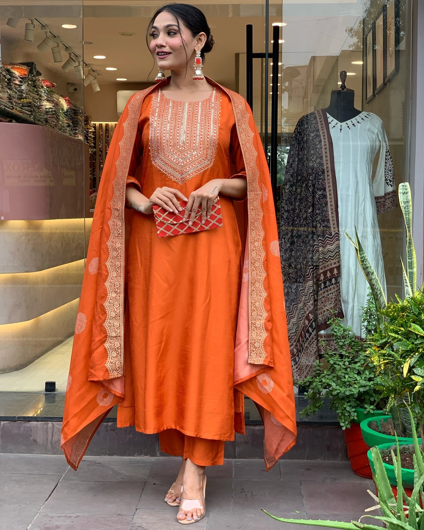 Chanderi Silk Round Neck, Straight Fit, and Embroidery Work Women’s Kurta Set
