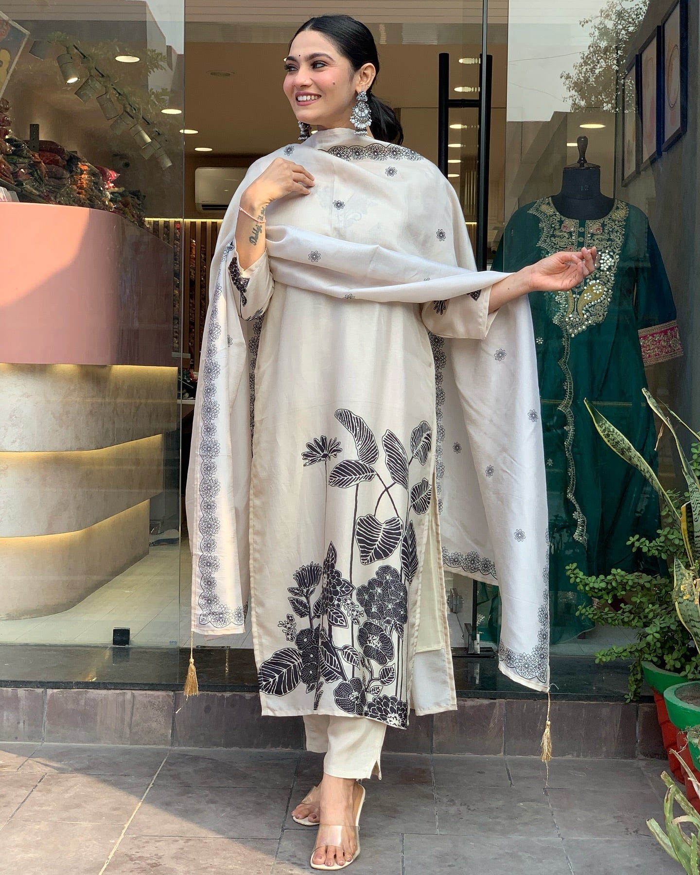 Stylish Womens Chinnon  Print with Embroidered Kurti Pant and Printed Dupatta Set