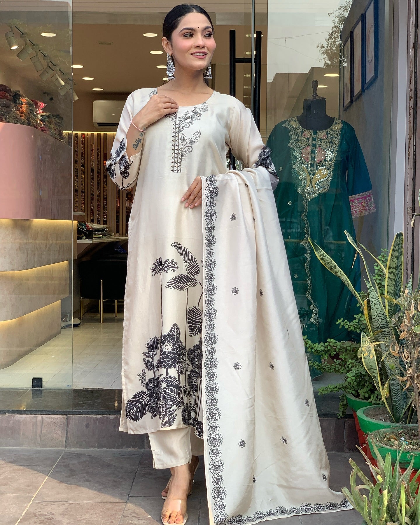 Stylish Womens Chinnon  Print with Embroidered Kurti Pant and Printed Dupatta Set