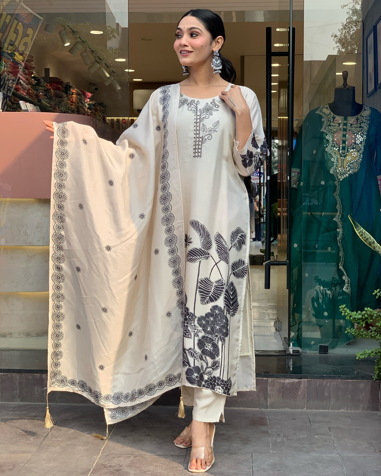 Stylish Womens Chinnon  Print with Embroidered Kurti Pant and Printed Dupatta Set