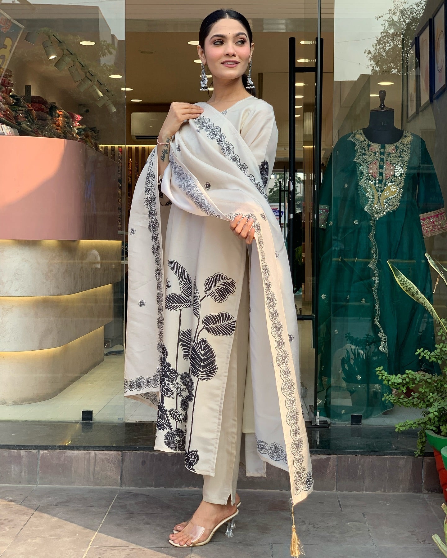 Stylish Womens Chinnon  Print with Embroidered Kurti Pant and Printed Dupatta Set