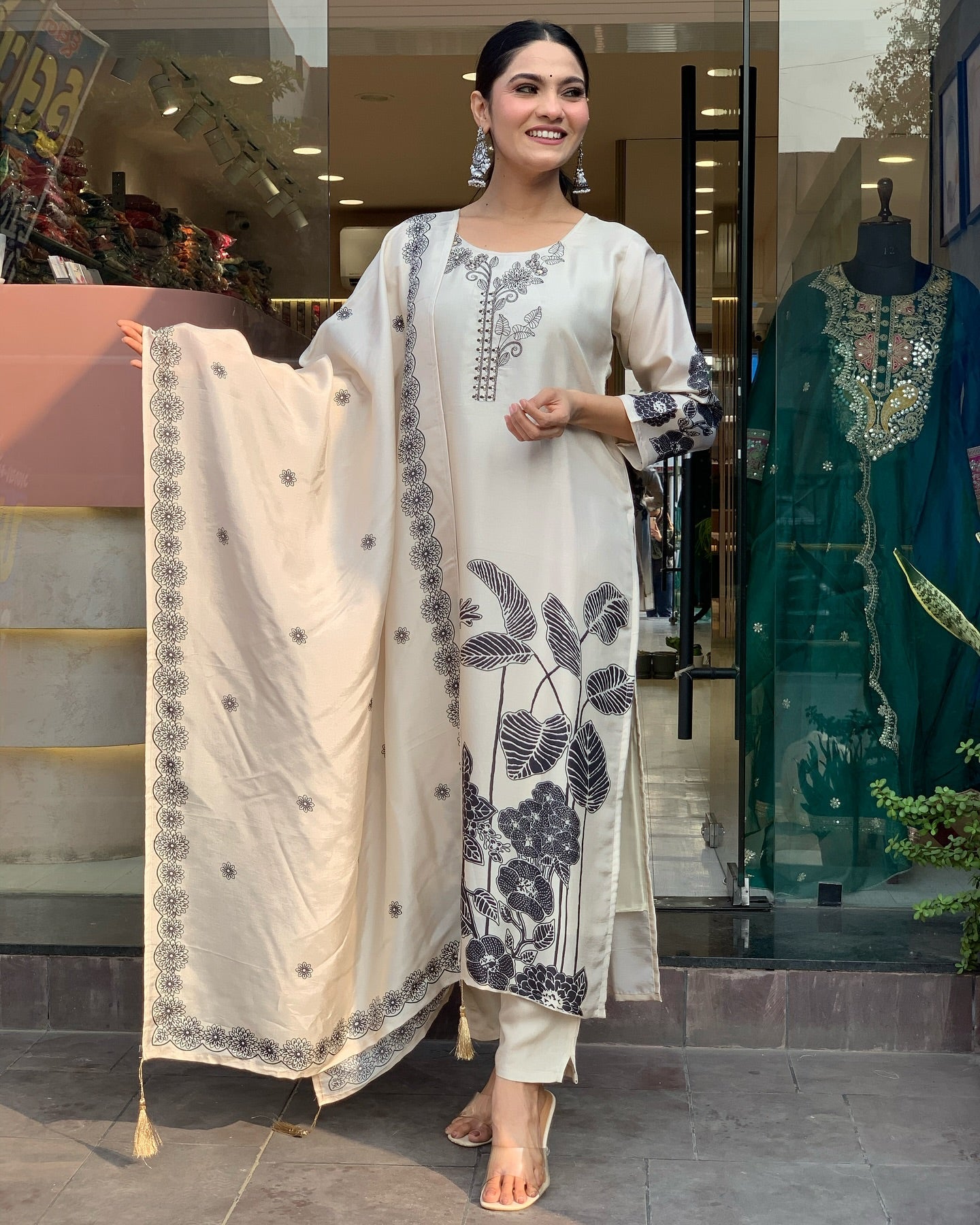 Stylish Womens Chinnon  Print with Embroidered Kurti Pant and Printed Dupatta Set